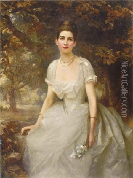Portrait Of Vere Monckton-arundell, In A White Evening Dress Holding Lilies In A Landscape Oil Painting - Edward Hughes