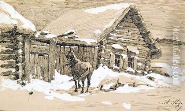 Russian Winter Oil Painting - Alekseij Fedorovitch Afanasev