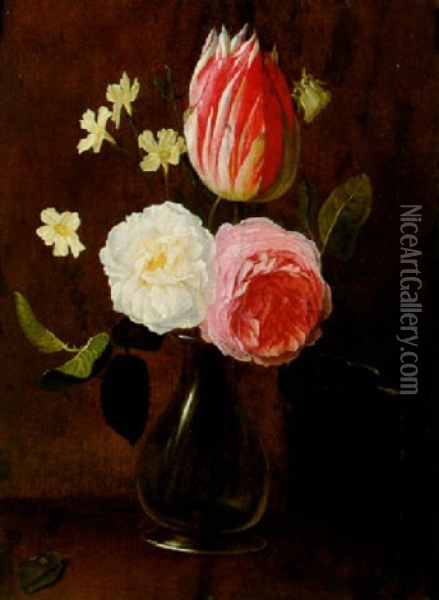 Roses, A Tulip And Stock In A Glass Vase On A Ledge Oil Painting - Daniel Seghers