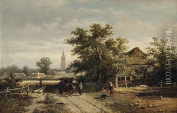 An Ox-drawn Cart On A Country Path Oil Painting - Georgius Heerebaart