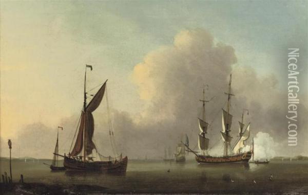 Ships In A Calm Sea Off The Coast With A Man O' War Firing The Morning Gun Oil Painting - Willem van de, the Elder Velde