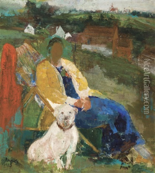 Woman And Dog Oil Painting -  Ramah (Henri Francois Raemaeker)