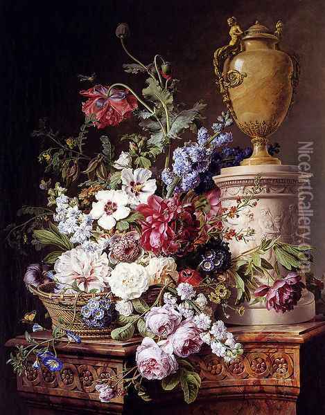 Still Life Of Flowers In A Basket With Two Butterflies, A Drgonfly, A Fly And A Beetle By An Alabaster Urn On A Marble Pedestal Oil Painting - Gerard Van Spaendonck