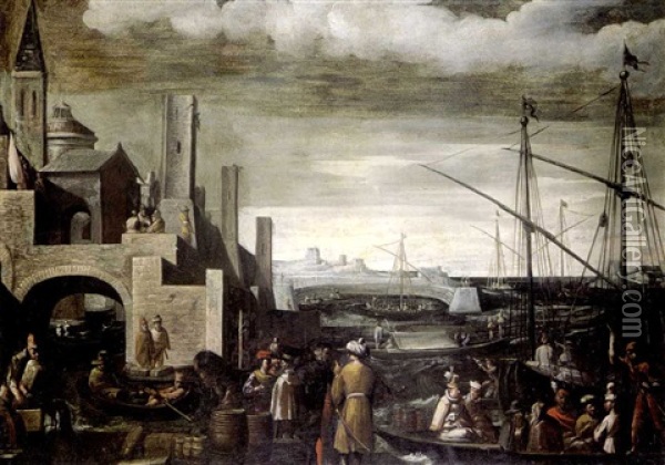 Scene De Port Animee De Marchands Turcs Oil Painting - Giovanni Andrea (il Mastelletta) Donducci