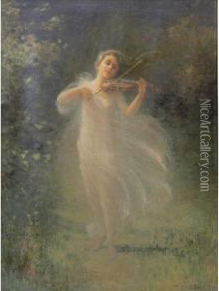 Woman With Violin In A Forest Clearing Oil Painting - H. Irving Marlatt
