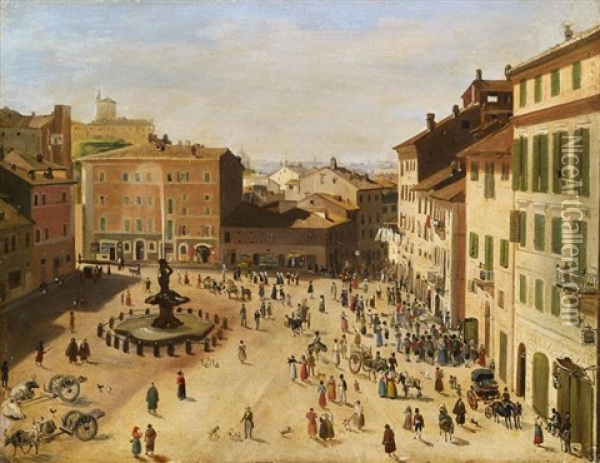 Rom. Piazza Barberini Oil Painting - August Heinrich Riedel
