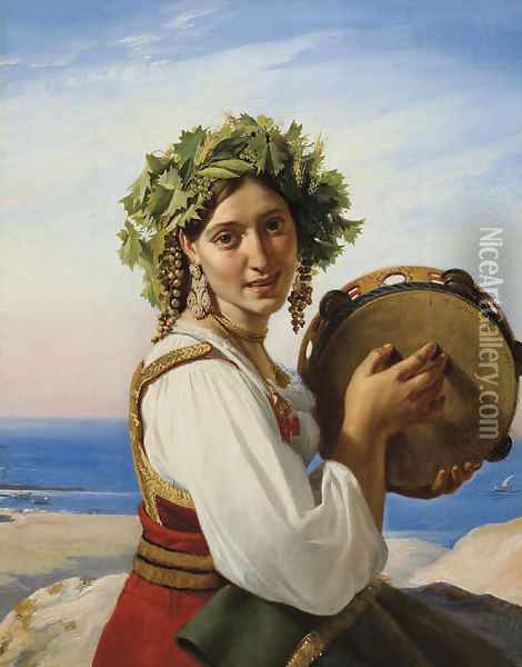 A young woman with a tambourine in Ischia ('Le tambour de basque') Oil Painting - Jean-Claude Bonnefond Lyon