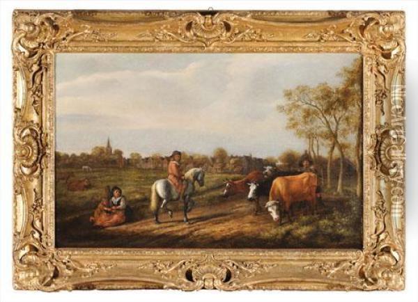 Paesaggio Con Figure, Armenti E Cavaliere Oil Painting - Aelbert Cuyp