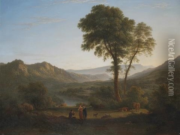 A View Of Matlock, Derbyshire With Classical Figures In The Foreground Oil Painting - John Glover