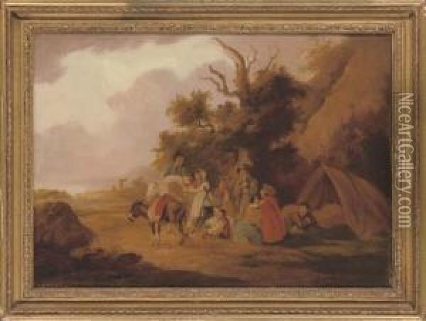 Travellers At Rest In A Wooded Landscape Oil Painting - Peter La Cave