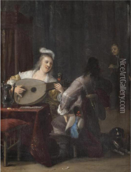 A Tavern Interior With A Lady Playing A Lute And A Courting Cavalier Kneeling Beside Her Oil Painting - Antonie Palamedesz