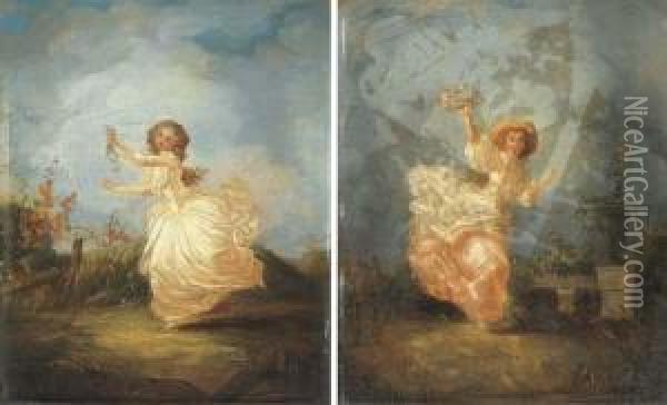 Deux Elegantes Courant Dans Les Champs Oil Painting - Jean-Frederic Schall