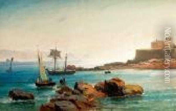 Seascape, View From Guernsey. Signed C. F. Sorensen. Sondag 3. September 1854 Guernsey Oil Painting - Carl Frederick Sorensen