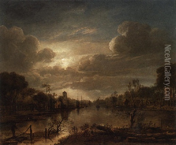 A Moonlit River Landscape With A Fisherman Tending The Nets In The Foreground Oil Painting - Aert van der Neer