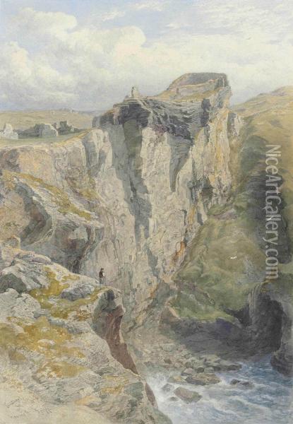 A Figure On The Cliff Overlooking The Sea Below The Ruins Of Tintagel Castle, Cornwall Oil Painting - George Arthur Fripp