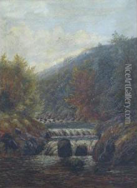 River Landscape With Waterfall Oil Painting - William Shackleton