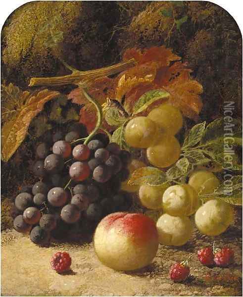 Greengages, grapes, raspberries and a peach, on a mossy bank Oil Painting - Oliver Clare