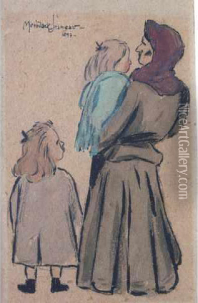 Femme Et Enfants De Dos Oil Painting - Alexis Merodack-Jeanneau