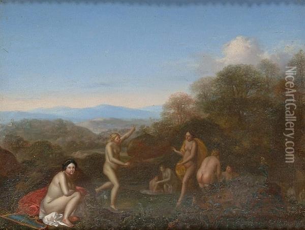 Bathing Nymphs In An Italianate Landscape Oil Painting - Cornelis Van Poelenburch
