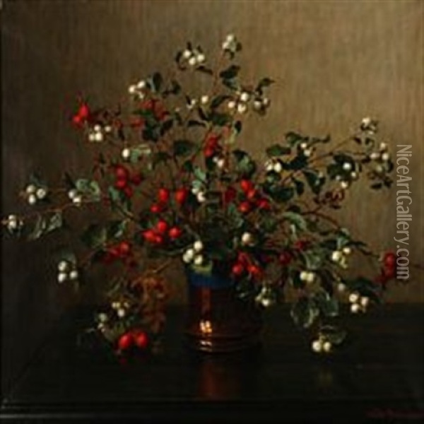 Still Life With Rose Hips And Snowberries Oil Painting - Wilhelm Andersen