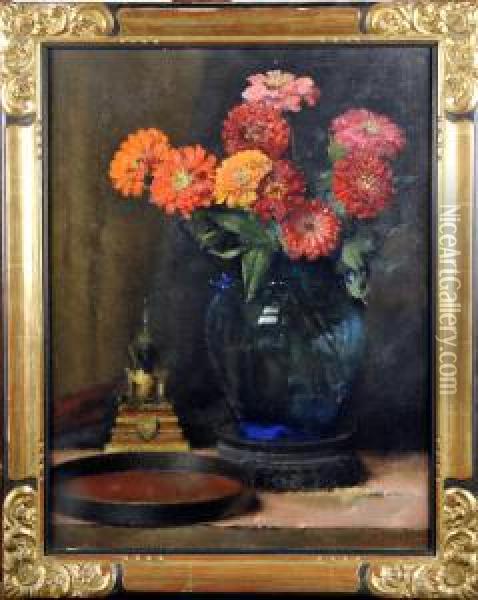 Nature Morte Au Vase Garni De Fleurs Et Au Bouddha Oil Painting - Henri Moreau
