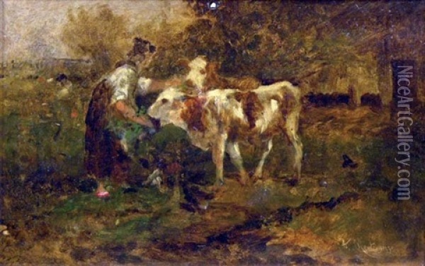 Figure Tending The Cows Oil Painting - Antonis Matteo Montemezzo