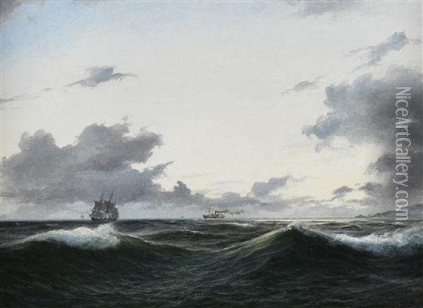 Segelschiff Und Besegelter Dampfer Auf See Vor Einer Kuste Oil Painting - Daniel Hermann Anton Melbye