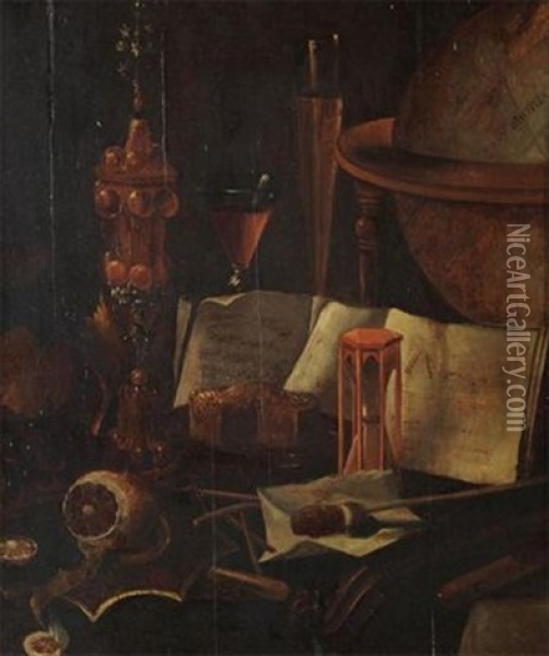 Still Life With Antiquities And Lemon Oil Painting - Vincent Laurensz van der Vinne the Elder