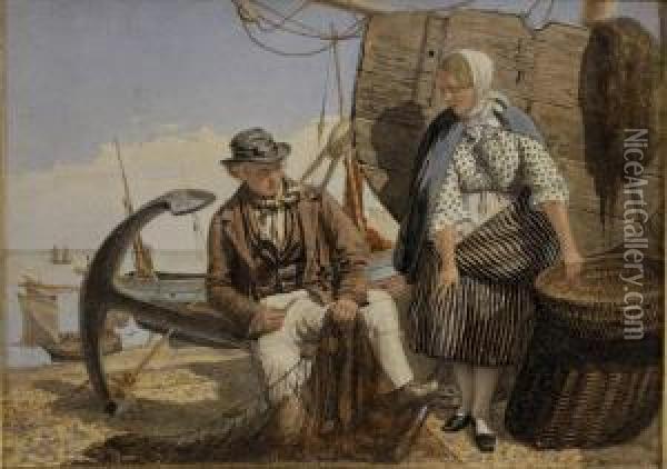 Couple De Pecheurs Remaillant Le Filet Aquarelle Signee En Bas A Droite Et Datee 1867 Oil Painting - David Mossman