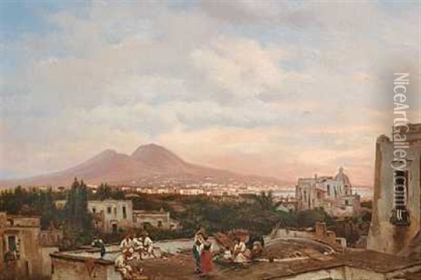Udsigt Over Napoli, I Forgrunden Dansende Italienerinder Pa En Terrasse Oil Painting - Nicola Palizzi