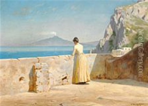 Woman On A Terrace Oil Painting - Niels Frederik Schiottz-Jensen