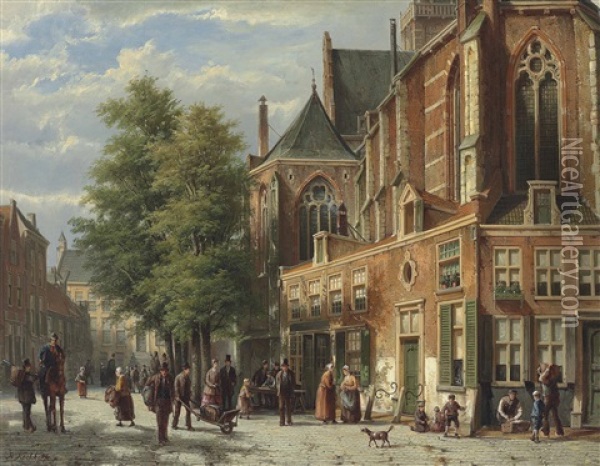 A Bustling Street Oil Painting - Willem Koekkoek