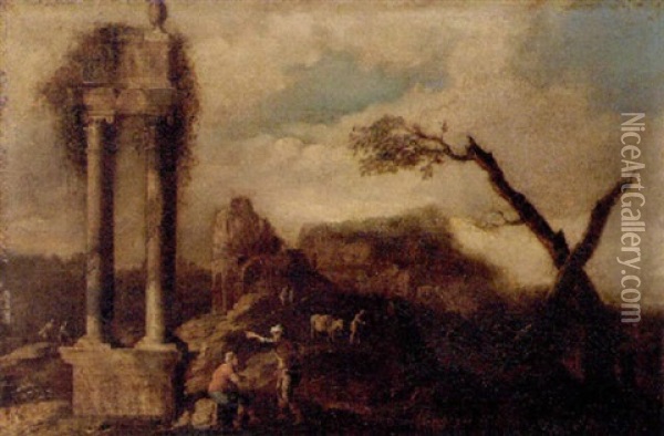 A Landscape With Figures By Classical Ruins Oil Painting - Marco Ricci
