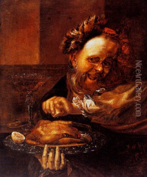 A Laughing Man Squeezing A Lemon Over A Roast Chicken Oil Painting - Daniel Boone