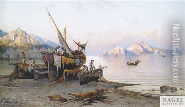 Italienische Kustenlandschaft Im Fruhen Morgenlicht Mit Netzflickenden Fischern Auf Ihren Booten Oil Painting - Giuseppe Carelli