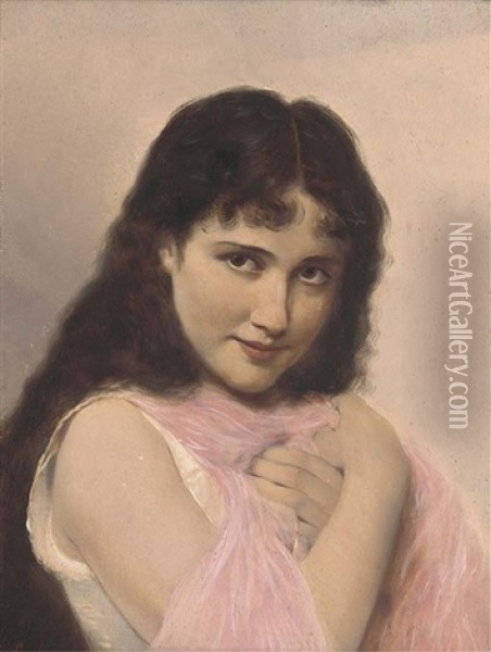 Portrait Of A Young Woman With Long Dark Hair, In Pink And White Oil Painting - Tito Conti