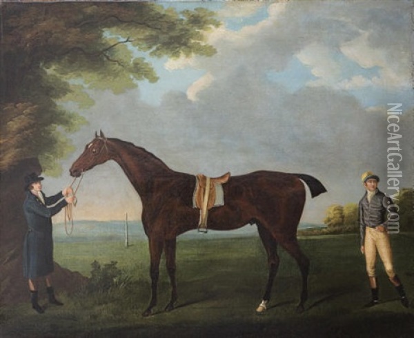 "diamond" Held By A Groom, With His Jockey Dennis Fitzpatrick Oil Painting - John Nost Sartorius