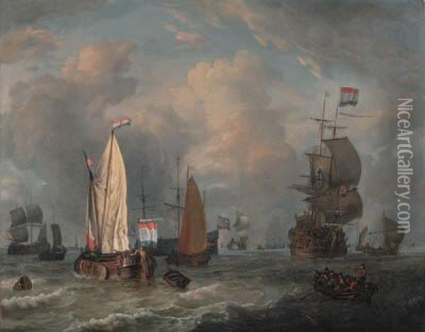 A Smalschip, A Boeier Yacht, A Dutch Frigate And Other Shipping Inchoppy Seas Oil Painting - Abraham Storck