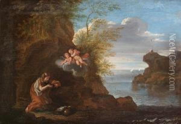 The Magdalen In Contemplation, A View To A Rocky Coastline Beyond Oil Painting - Pietro Bianchi