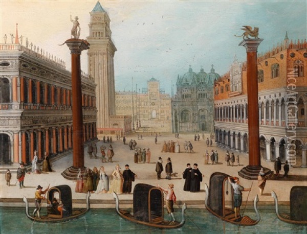Vedute Der Piazzetta Mit Dogenpalast, Uhrturm Und Bibliothek In Venedig Oil Painting - Louis de Caullery