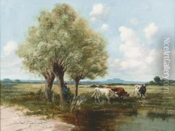 Drei Kuhe An Einer Tranke. Oil Painting - Paul Henry Schouten