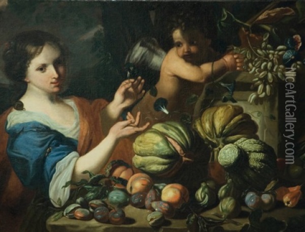 Jeune Femme Et Amour Devant Une Nature Morte De Fruits Oil Painting - Abraham Brueghel