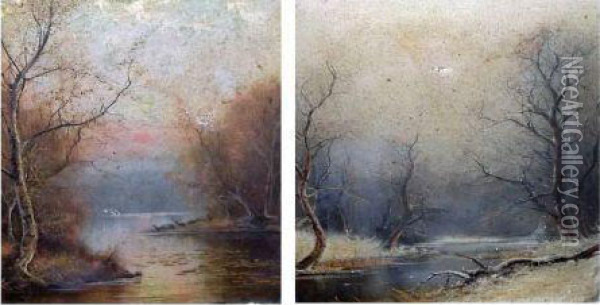 River Landscapes In Summer And Winter Oil Painting - Nils Hans Christiansen