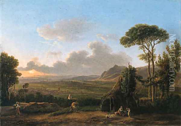 An Italianate Landscape with a family before a hut, a town beyond Oil Painting - Simon-Joseph-Alexandre-Clement Denis