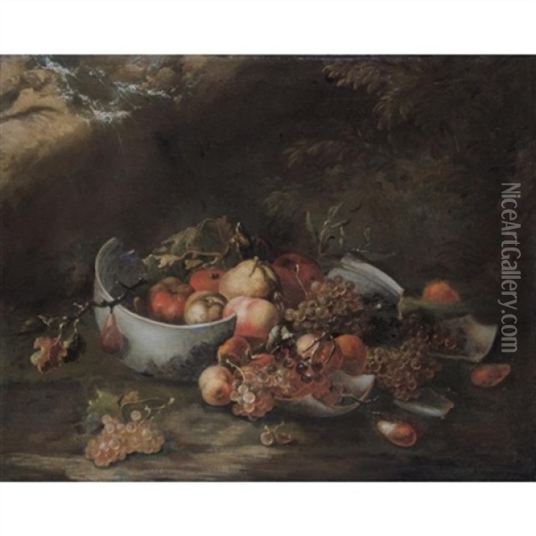 Still Life With A Broken Bowl Together With Apples, Grapes, Peaches, Pears And Various Other Fruit, In A Landscape Oil Painting - Giovanni Paolo Castelli (lo Spadino)