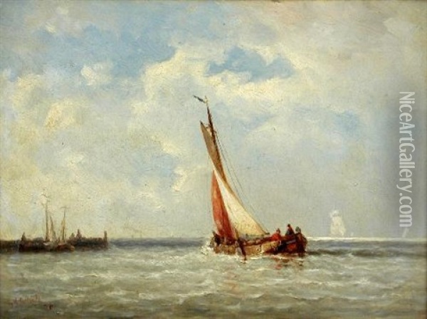 Fishing Boats In A Calm Oil Painting - Johannes Frederick Schuetz