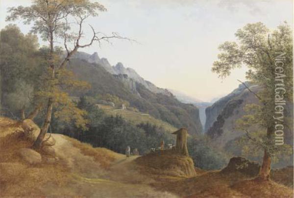 An Extensive Landscape With Travellers At A Roadside Shrine, A Steep Gorge Beyond Oil Painting - Joseph Augustus Knip