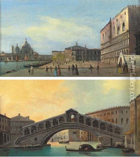 Figures Before The Doge's Palace, Venice (+ The Rialto Bridge, Venice; Pair) Oil Painting - Giovanni Grubas
