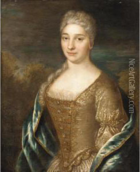 Portrait Of A Mademoiselle De Maricault, Half Length, Wearing A Brown Embroidered Dress Oil Painting - Gilles Robert De Vaugondy