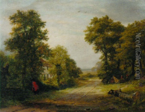 A Gypsy Encampment By A Cottage In A Wooded Landscape Oil Painting - George Barrell Willcock